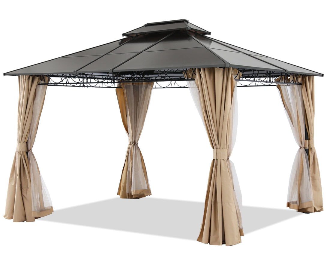 10x10/10x12 Steel Double Roof Hardtop Gazebo with Privacy Curtains and Netting