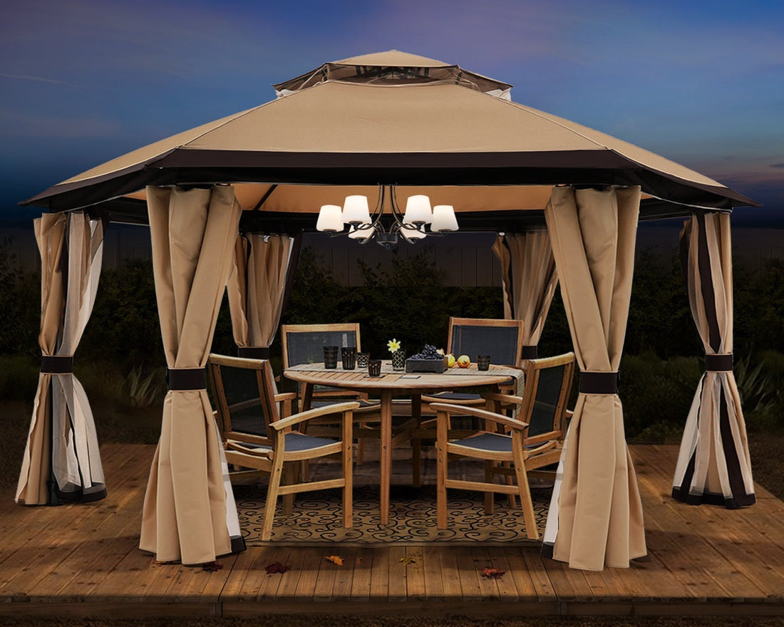 10x10/13x13 Outdoor Hexagonal Gazebo with Netting and Privacy Curtains