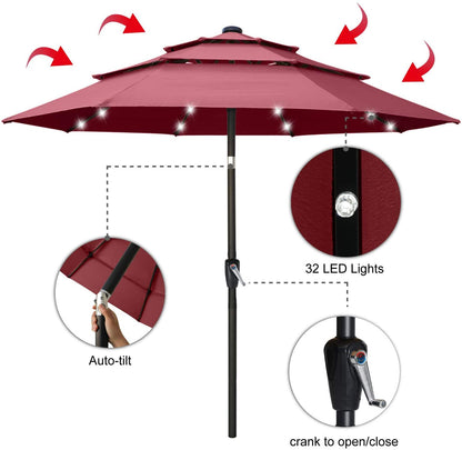 Solar 3 Tiers Patio Umbrella Outdoorwith 32 LED Ventilation