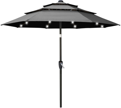 Solar 3 Tiers Patio Umbrella Outdoorwith 32 LED Ventilation