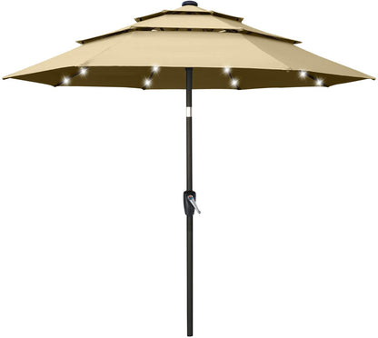 Solar 3 Tiers Patio Umbrella Outdoorwith 32 LED Ventilation