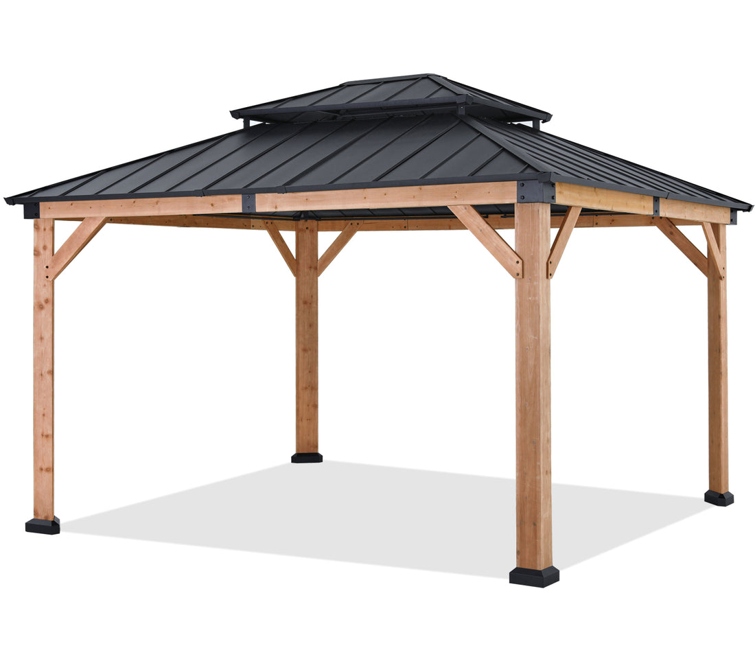 Outdoor 11x11/11x13 Wooden Gazebo with Hardtop Metal Roof