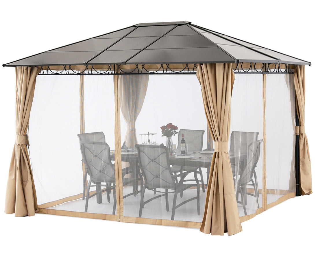 10x10/10x12 Steel Roof Hardtop Gazebo with Privacy Curtains and Netting