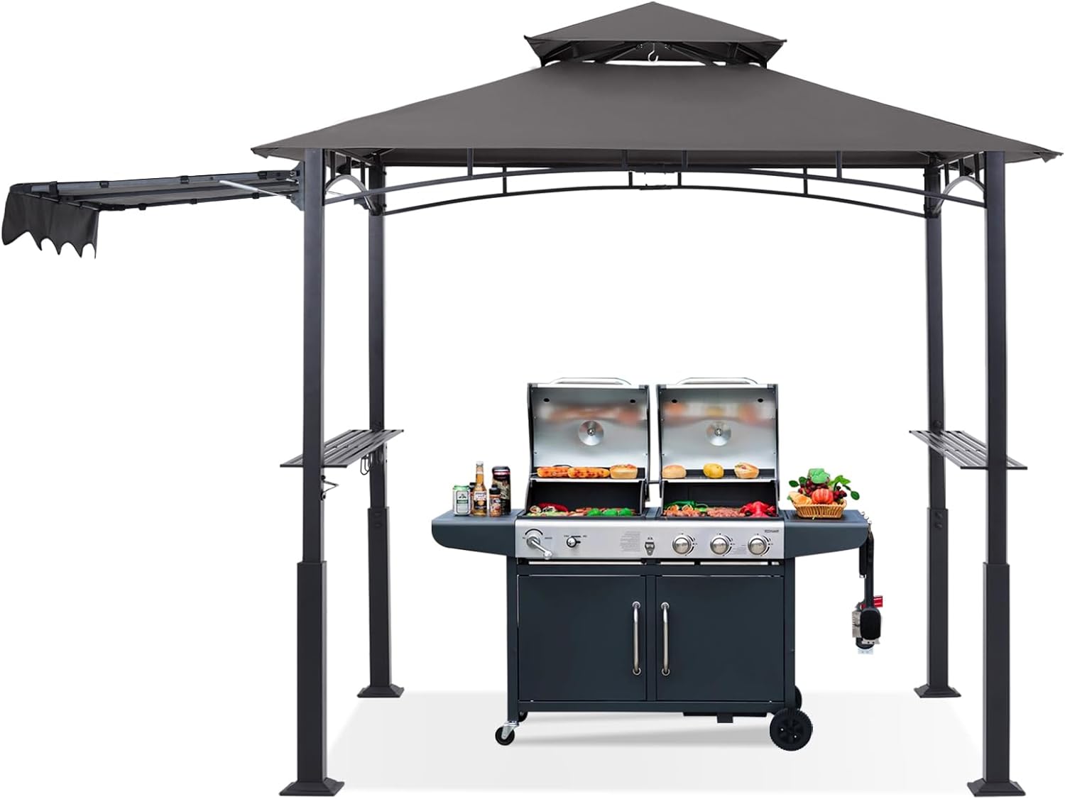 5x8 Outdoor Grill Gazebo with Extra Awning BBQ Canopy with LED Lights