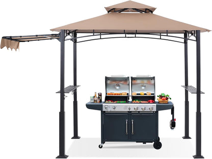 5x8 Outdoor Grill Gazebo with Extra Awning BBQ Canopy with LED Lights